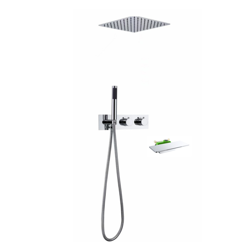 Brushed Nickel 3 Function Concealed Shower System, Square Rain Shower Set with Handheld Shower & Storage Shelf