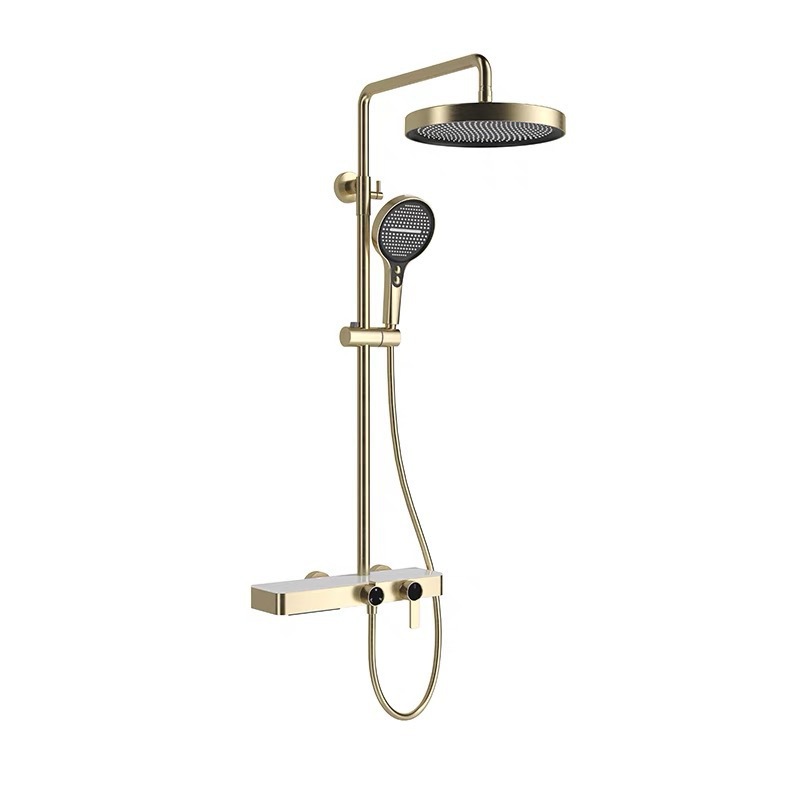 Brushed Gold Slide Bar Shower Set, Wall Mount Handheld Shower System with Thermostatic Mixer