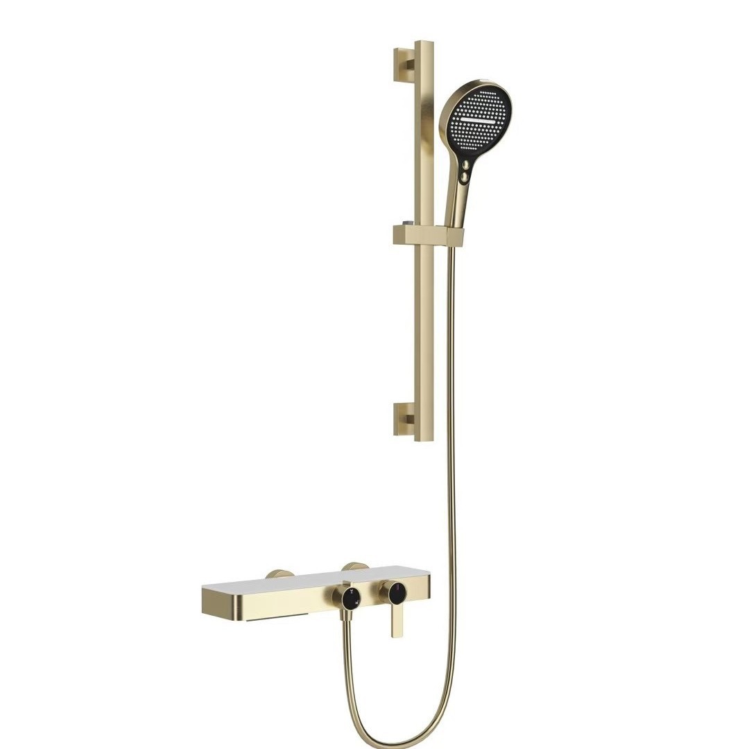 Brushed Gold Slide Bar Shower Set, Wall Mount Handheld Shower System with Thermostatic Mixer