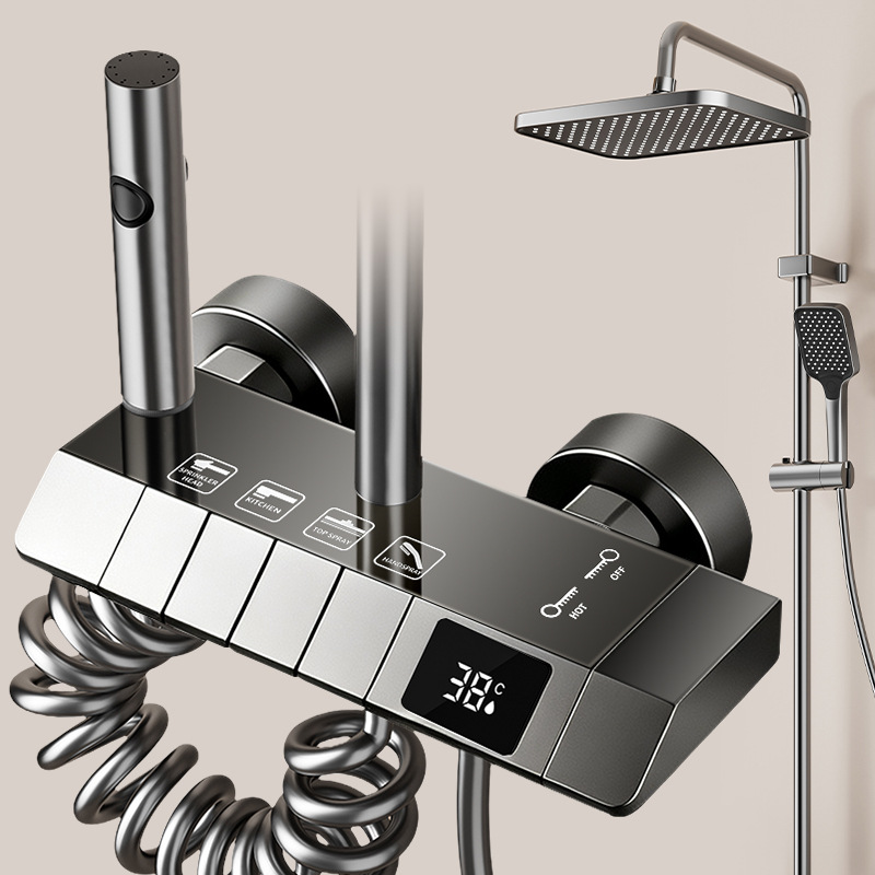 Gun Gray Thermostatic Shower Set, Square Rain Head Solid Brass Wall Mount Shower System with Tub Spout