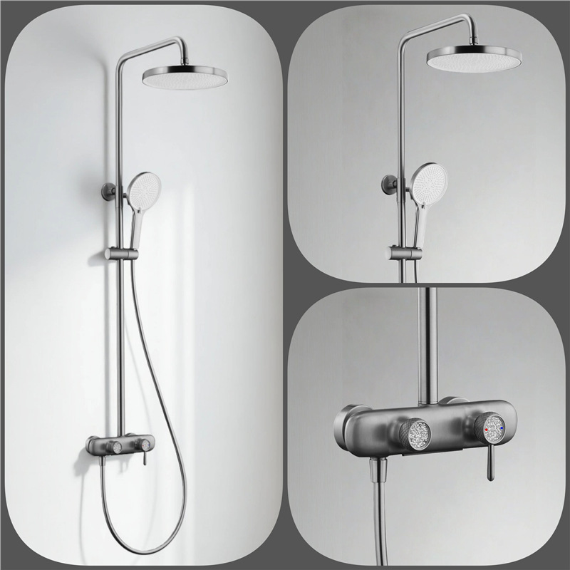 Polished Gold Thermostatic Shower Set, Round Rain Head Solid Brass Wall Mount Shower System