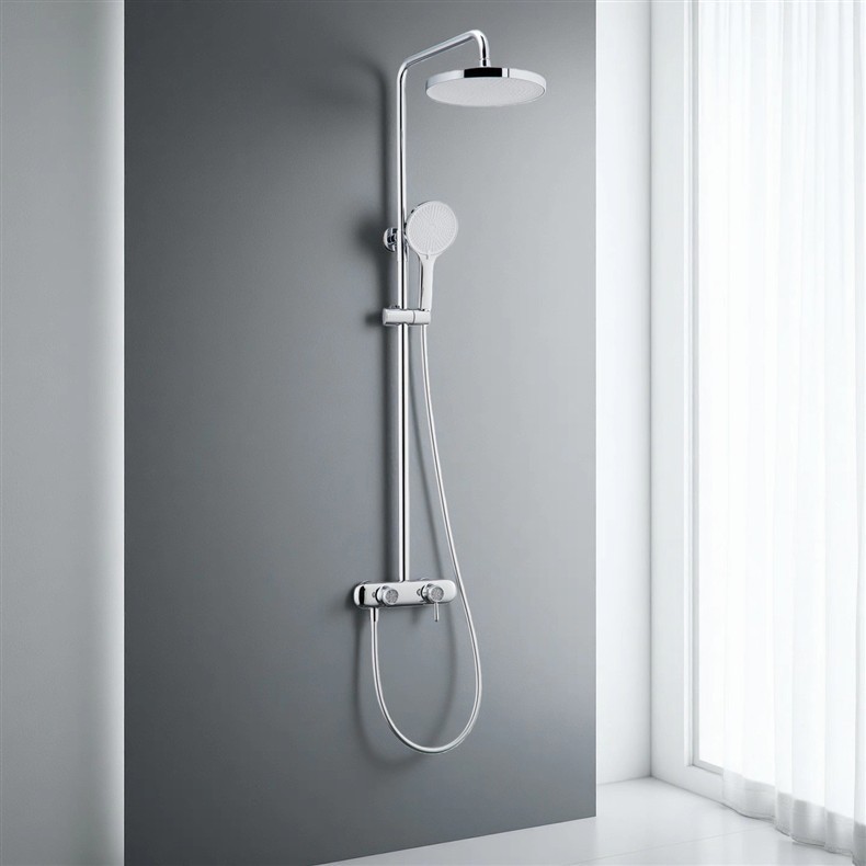 Polished Gold Thermostatic Shower Set, Round Rain Head Solid Brass Wall Mount Shower System