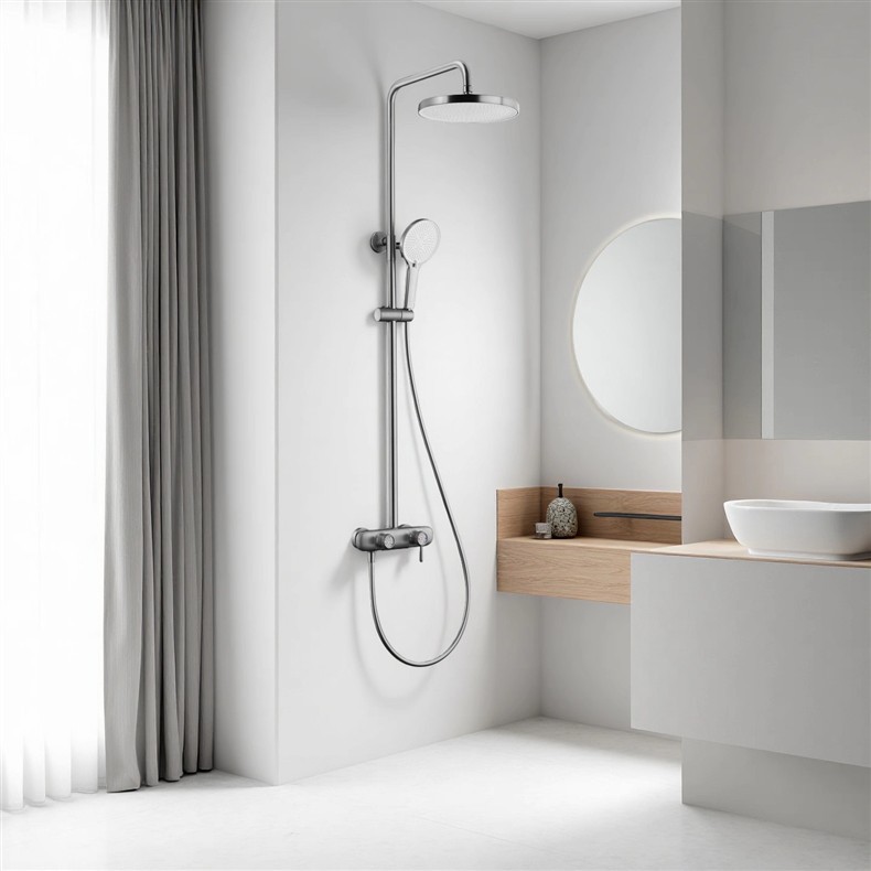 Polished Gold Thermostatic Shower Set, Round Rain Head Solid Brass Wall Mount Shower System