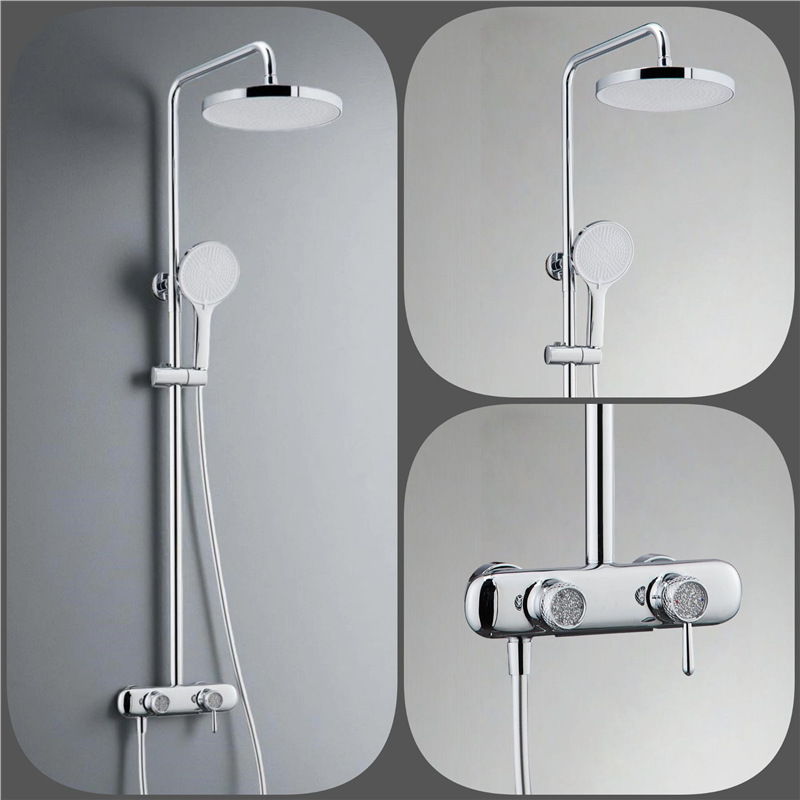 Polished Gold Thermostatic Shower Set, Round Rain Head Solid Brass Wall Mount Shower System