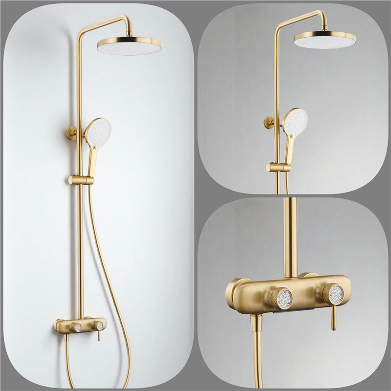Polished Gold Thermostatic Shower Set, Round Rain Head Solid Brass Wall Mount Shower System
