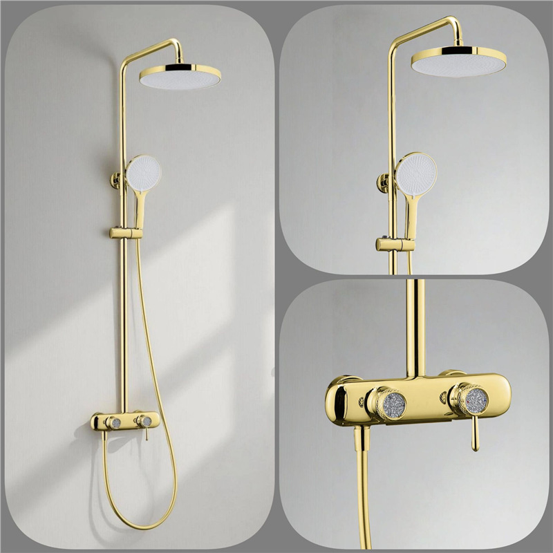 Polished Gold Thermostatic Shower Set, Round Rain Head Solid Brass Wall Mount Shower System