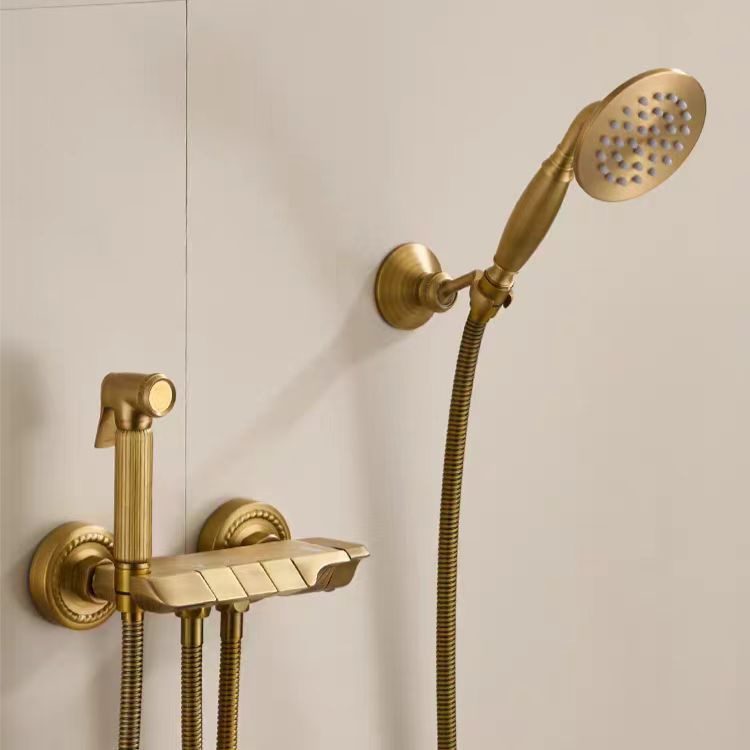Antique Brass Retro Slide Bar Shower Set, Solid Brass Wall Mount Handheld Shower System with Bidet Spray Gun
